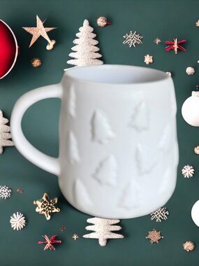 Bay Island 16 oz Matte White Glaze 3D Embossed Christmas Tree Coffee Mug